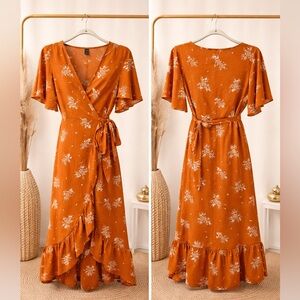 Floral Wrap Maxi Dress in Rust Orange